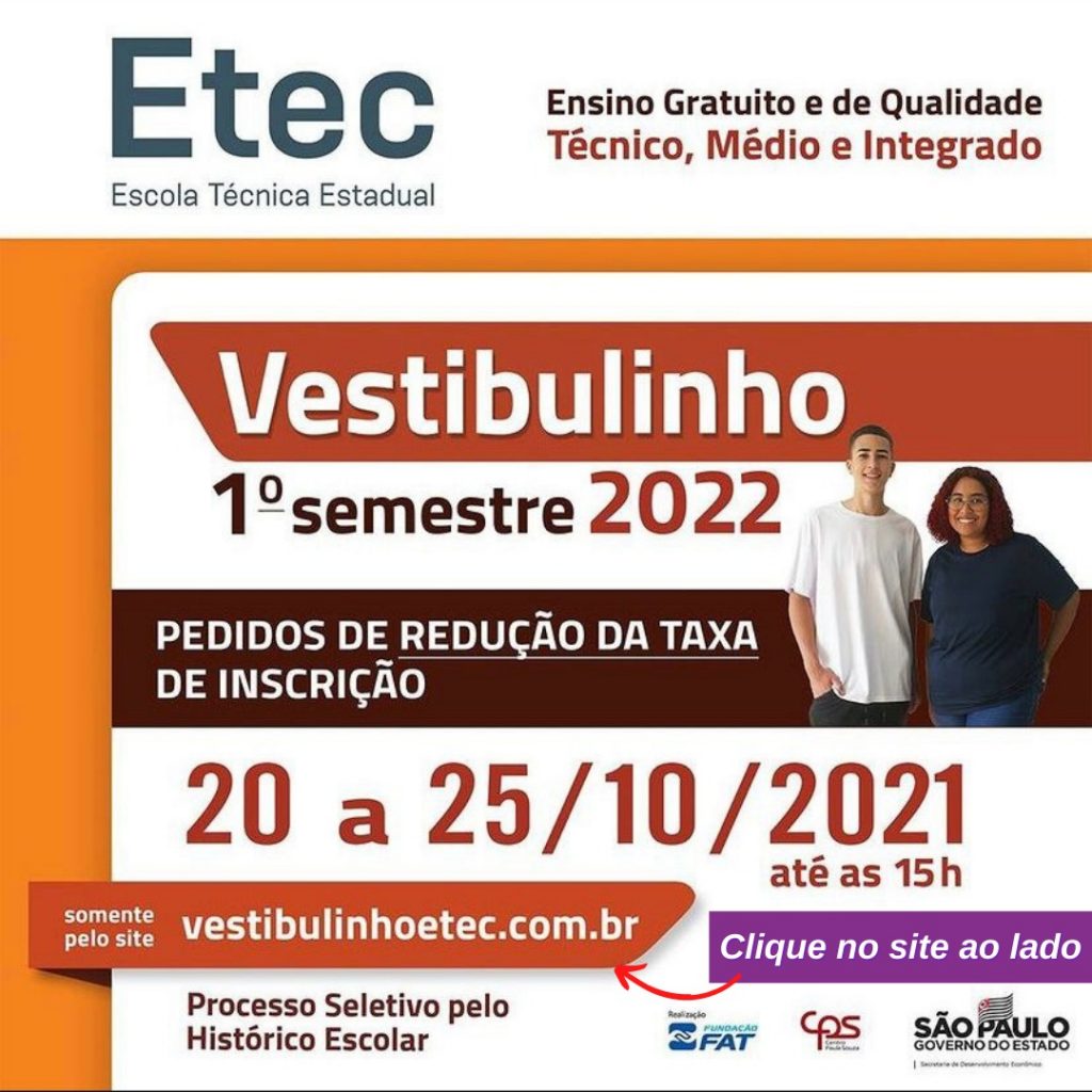 B41A3F6A-CAD4-418E-BB91-6C0F24F27D0F ETEC está com inscrições abertas para o pedido de redução da taxa de inscrição para o Vestibulinho 2022