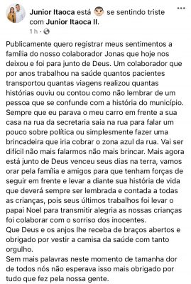 O secretário de Saúde de Nova Campina, Júnior da Itaoca, lamentou o ocorrido em suas redes sociais.